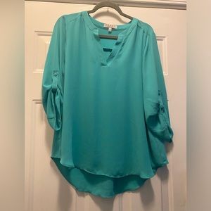 CHAUS NEW YORK TEAL BLOUSE, SIZE L.